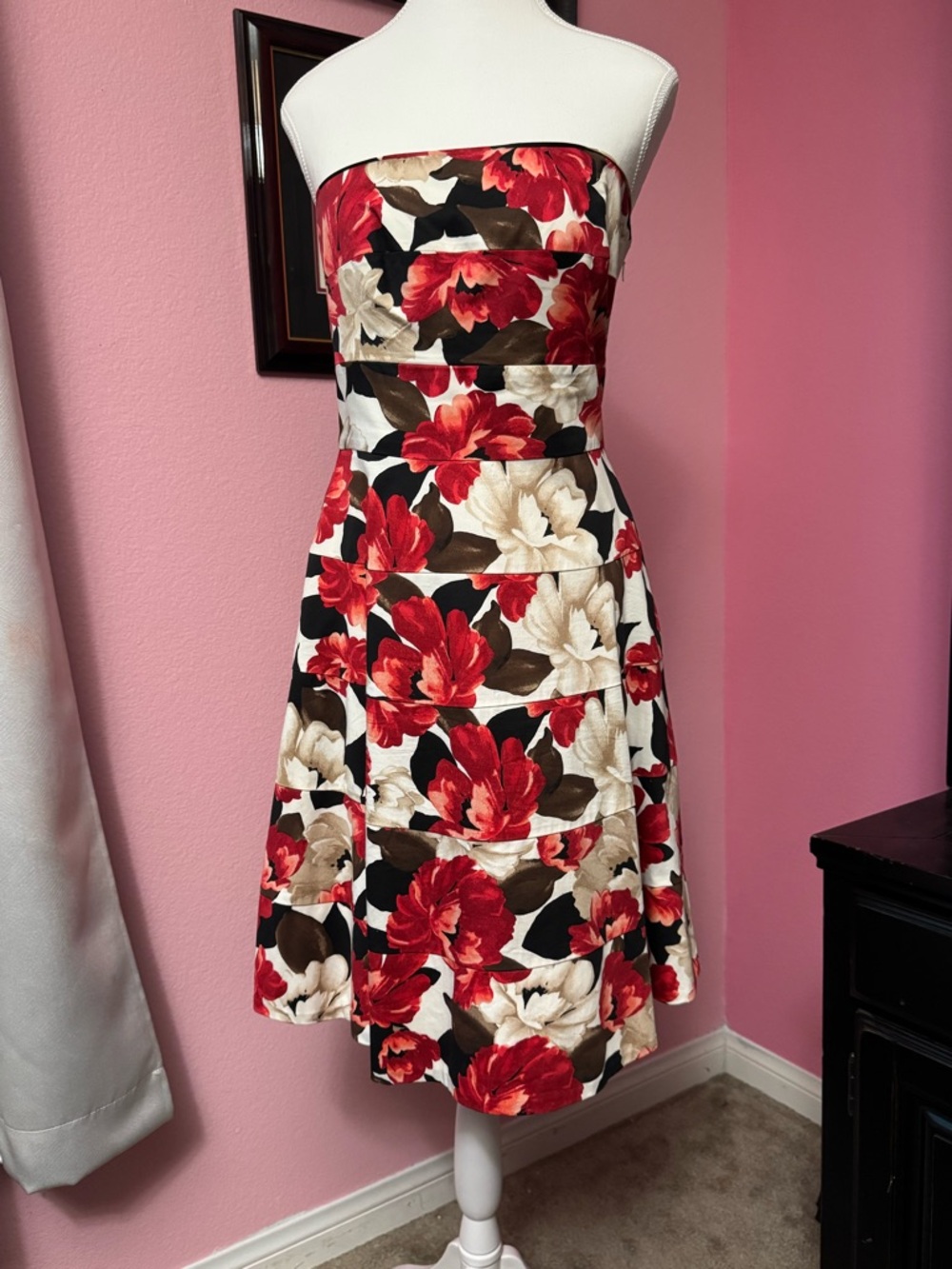 White House Black Market Strapless Floral A-Line Dress in Black, Red & Cream